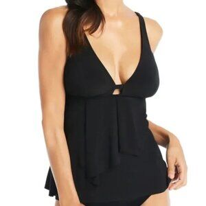 NWT Beyond Control Solid Front-Cascade Tankini Top in Black Size 8 NEW $98